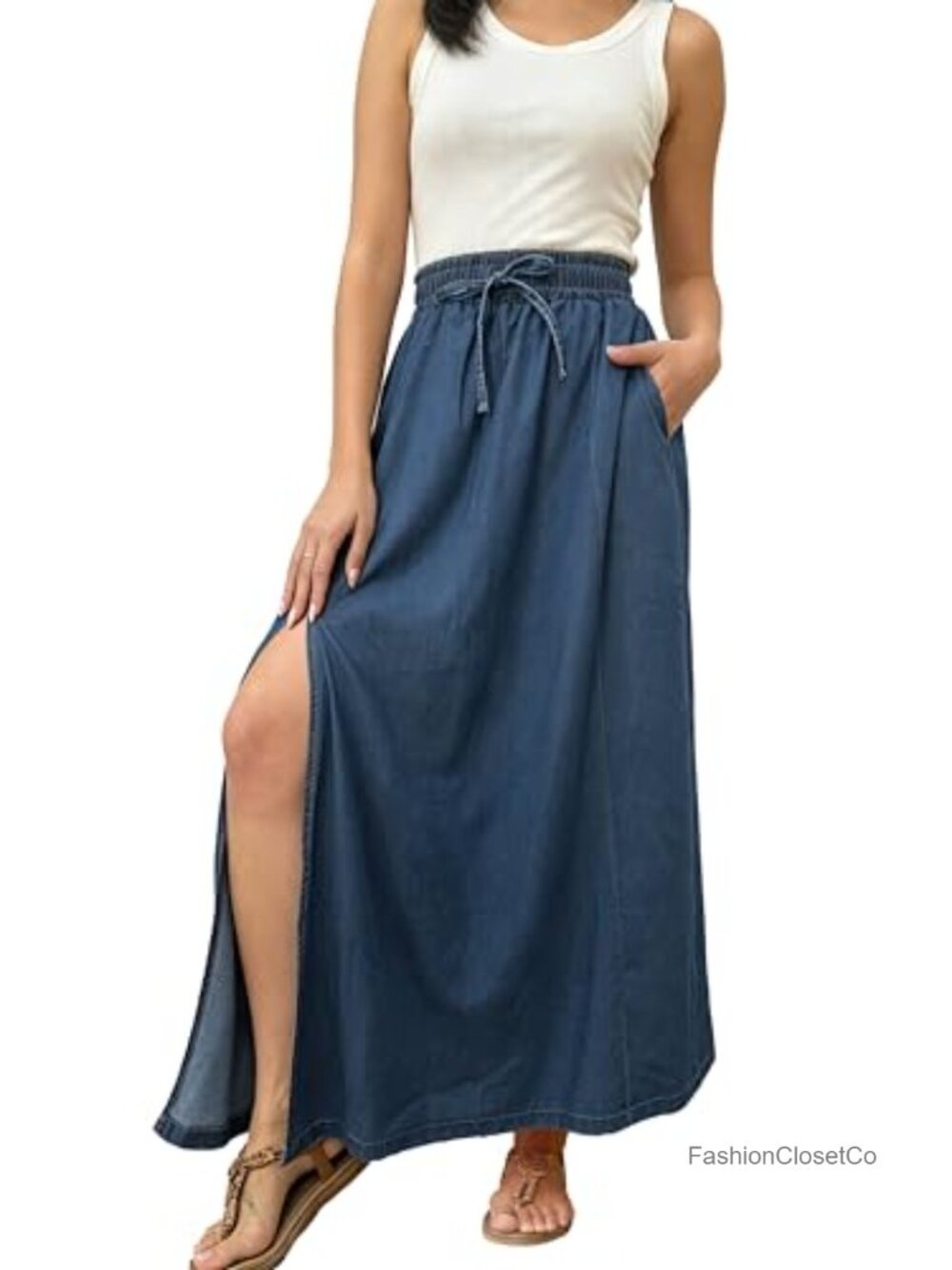 Maxi Skirt with Pockets Elastic Waist A-Line Split Hem Flowy Long Skirt